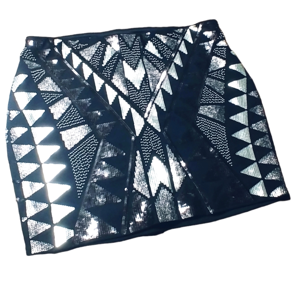 Express mini skirt, Aztec print skirt, sequence embroidered skirt